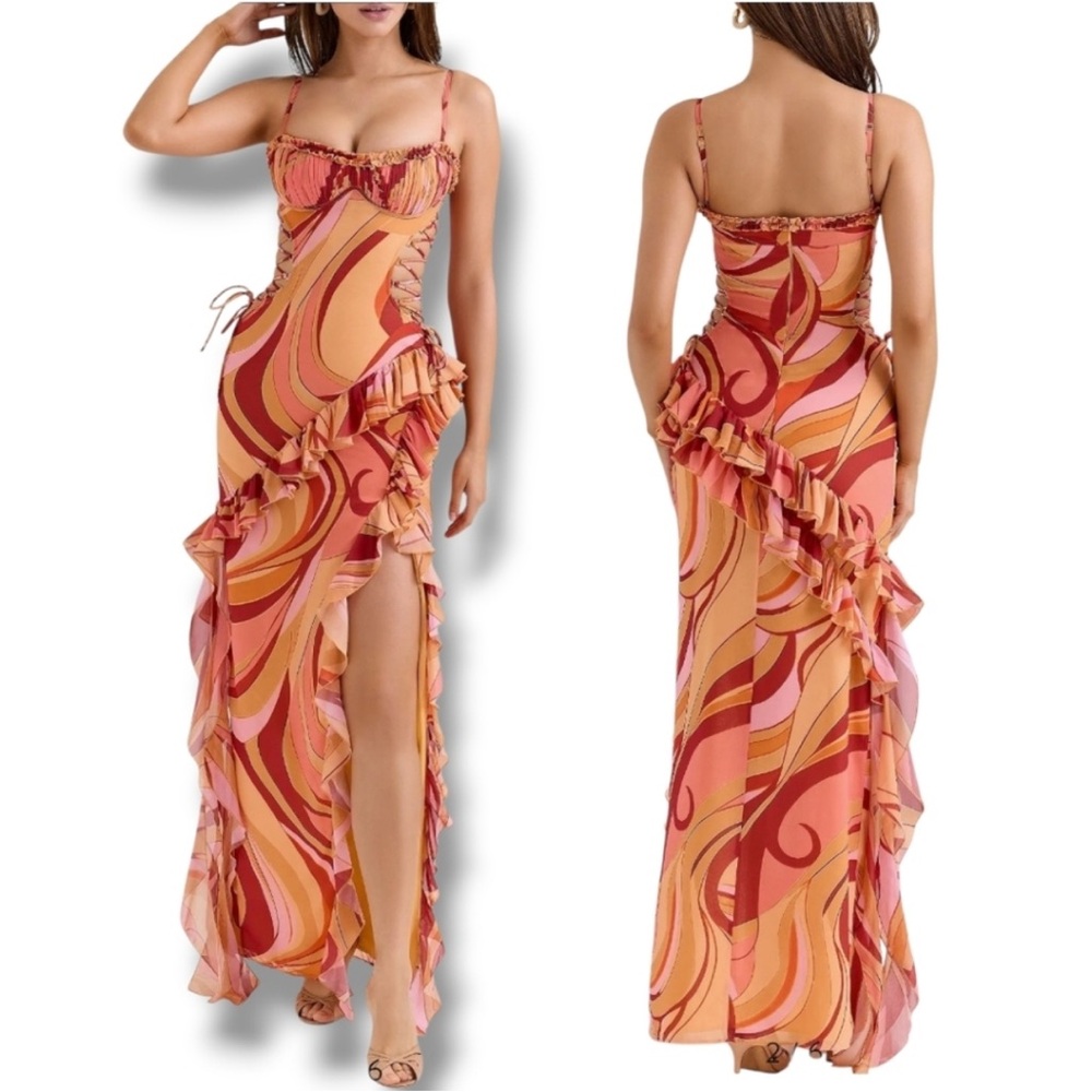 House of CB Lumira Sunset Swirl Print Ruffle Cut Out Maxi Dress Gown NWOT